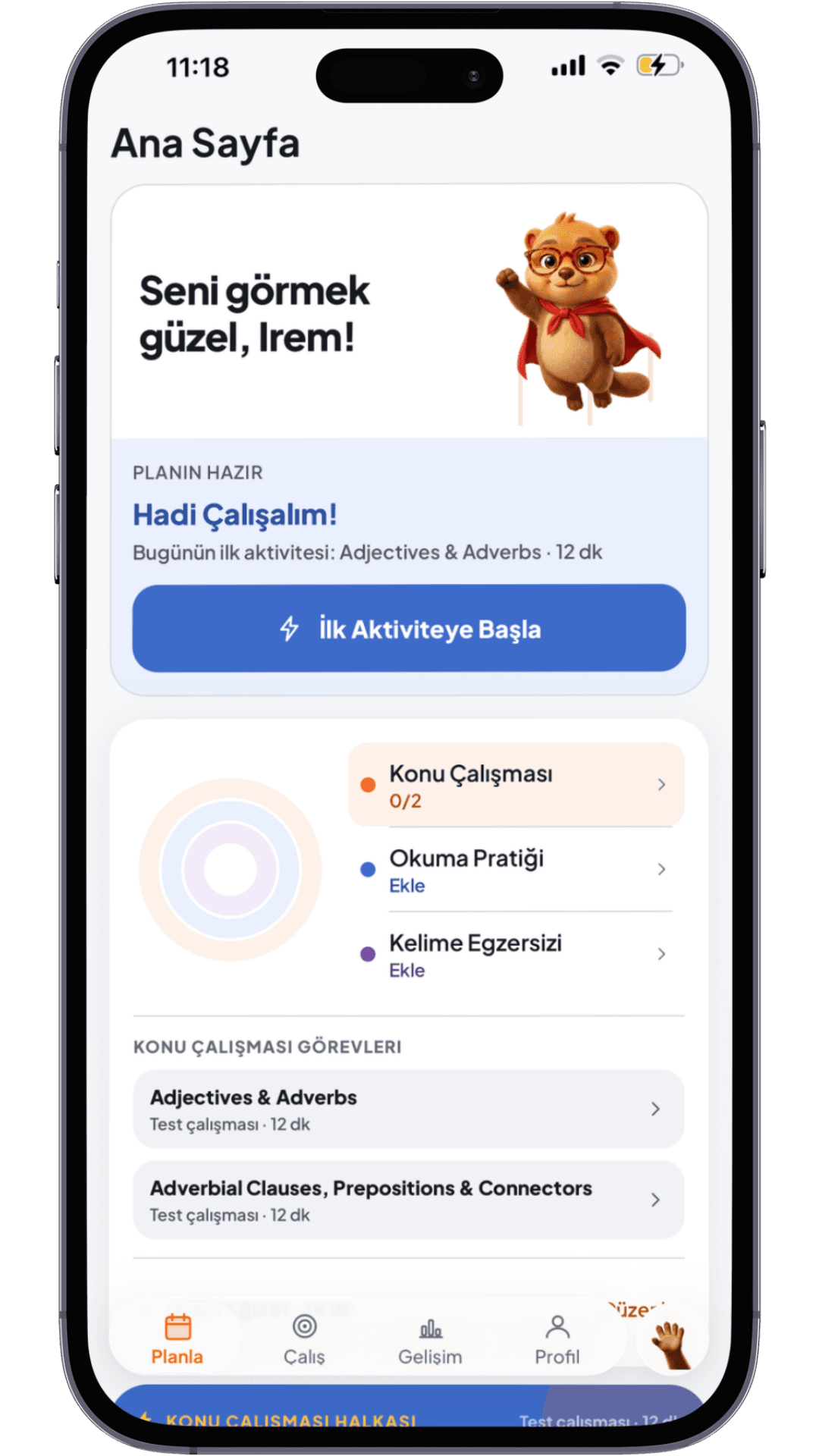 Kavra kişisel çalışma planı ekranı